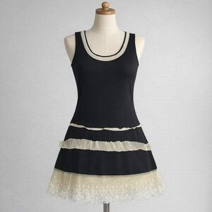 Young Essence Cotton Blend Black& Tan Lace Ruffle Tunic Dress Size M Boho